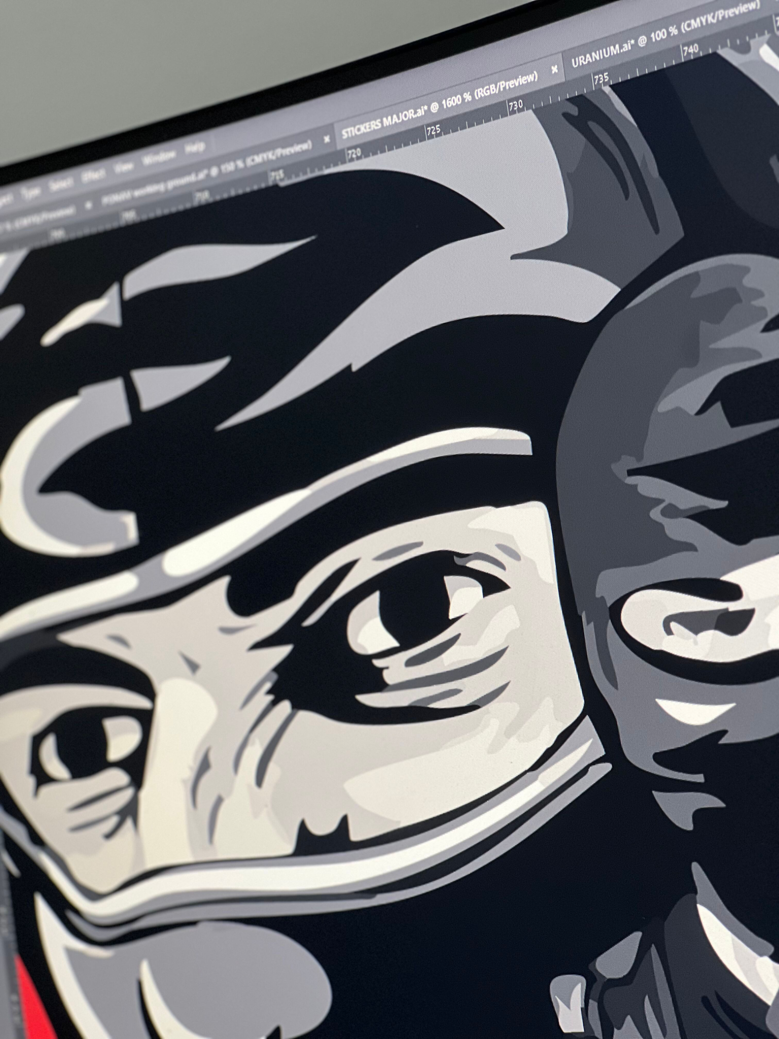 Close-up of PONAV character artwork being developed on a computer screen